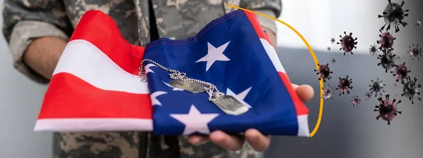 The flag of the usa is protected from the virus by a barrier — Stock Photo, Image