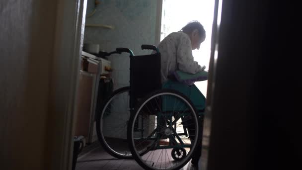 Very old woman in a wheelchair — Stock video