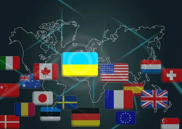 Ukrán zászlók kitűzve zászlók a világ. Ukrajna válsága és konfliktusa. A zászlókra koncentrálj. Nemzetközi helyzettéma — Stock Fotó