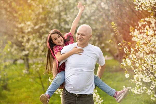 Grandfather And Granddaughter Walking the cherry trees — 스톡 사진