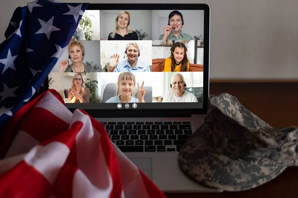 Laptop with video chat, flag of the usa — Foto de Stock