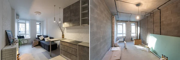 Comparaison d'une chambre dans un appartement avant et après rénovation maison neuve — Photo