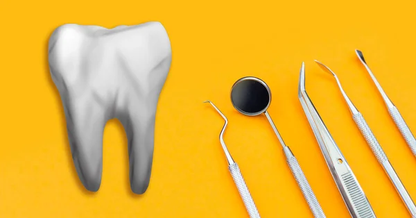 Instrumento dentário e dente artificial — Fotografia de Stock