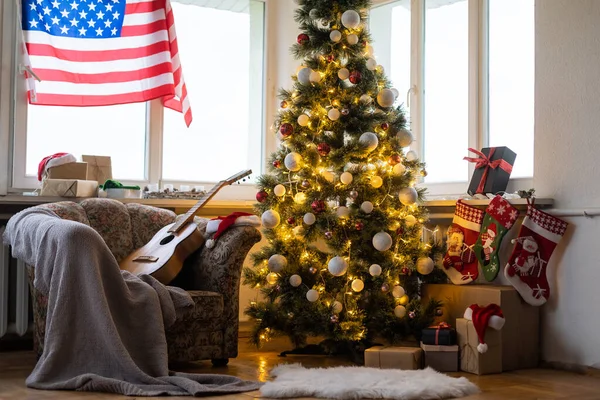 Amerikai Zászló Karácsonyfa Üdvözlőkártya — Stock Fotó