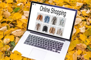Alışveriş, teknoloji ve internet kavramı: hayali bir dükkanda dizüstü bilgisayarla alışveriş.