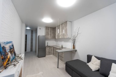 Resimli ve dekoratif şömineli şık bir oda..