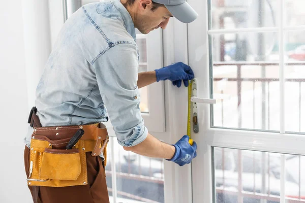 Worker Installing Checking Window House — Stock Photo, Image