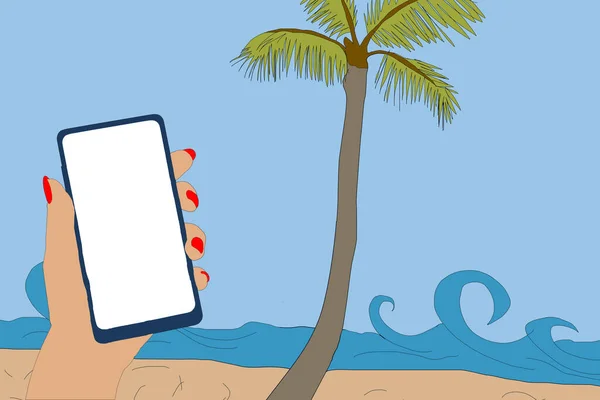 Letnia Wyprzedaż Banerów Internetowych Ręka Trzyma Smartfon Tle Plaży Krajobraz — Zdjęcie stockowe