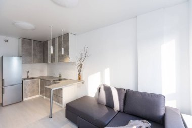 Minimalist tarzda stüdyo, şömine, kanepe.