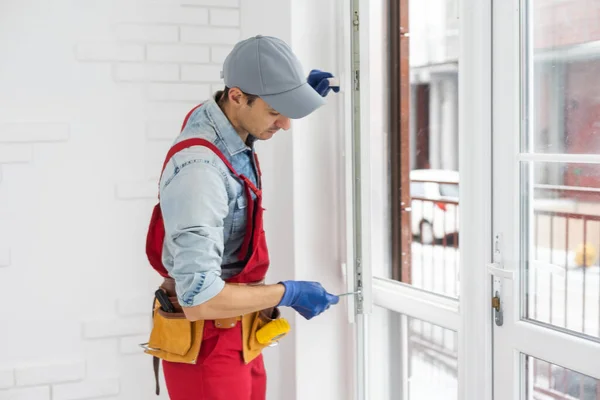 Worker Installing Checking Window House — Stock Photo, Image