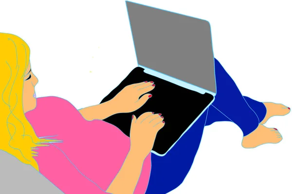 Flicka Med Laptop Frilans Eller Studera Koncept Söt Illustration Platt — Stockfoto