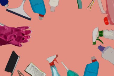 Deterjan şişeleri, kaplar, temizlik malzemeleri, çamaşır tozu ikonu. Resim beyaz arkaplanda izole edildi