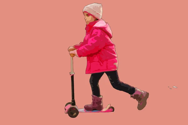 Little Cute Girl Rides Scooter — Stock Photo, Image