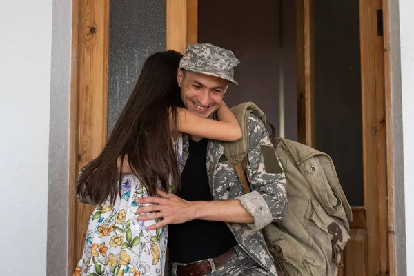 Little Child Very Happy Her Father Came Back Army Little — Stock Photo, Image