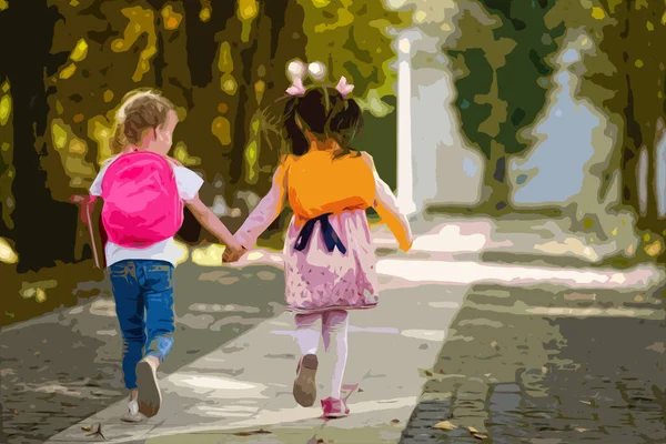 Basisschoolmeisjes Die Schooltassen Hun Rug Dragen Met Een Glimlach Springen — Stockfoto