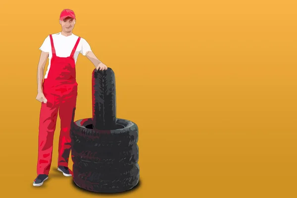 male mechanic holding a wrench and wheel, cartoon character, car tire, tyre service illustration,