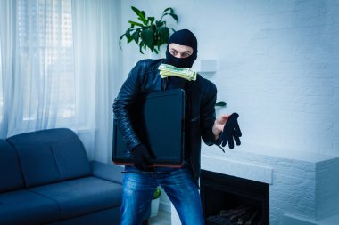 Siyah kapüşonlu bir soyguncu kılık değiştirmiş ve elinde bir sürü para tutuyordu. Büyük miktarda para çaldı. Hırsızın biri bir televizyon çaldı..
