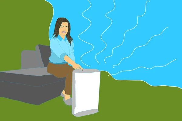 Kanepenin Yanındaki Hava Temizleyicinin Nemlendiricinin Yanında Oturan Kadın Kavramında Sağlık — Stok fotoğraf