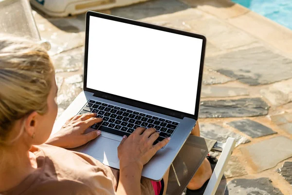 Computerscherm Leeg Mockup Handwerk Met Behulp Van Laptop Met Witte — Stockfoto