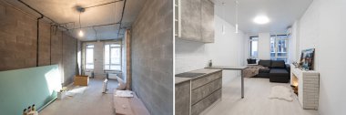 Yenilenmeden önce ve sonra oda yenileme konsepti için hazırlanan apartmanın içi beyaz oda onarımları tamamlanmadı. Yüksek kalite fotoğraf