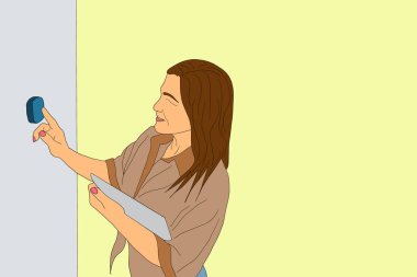 Sıcaklığı değiştirmek için akıllı ev aletini kullanan kadın portresi. Pastel tonlarda illüstrasyon