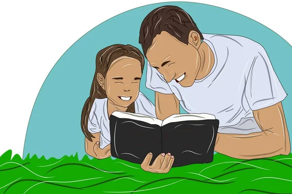 父亲和女儿 给女儿读圣经故事 — 图库照片