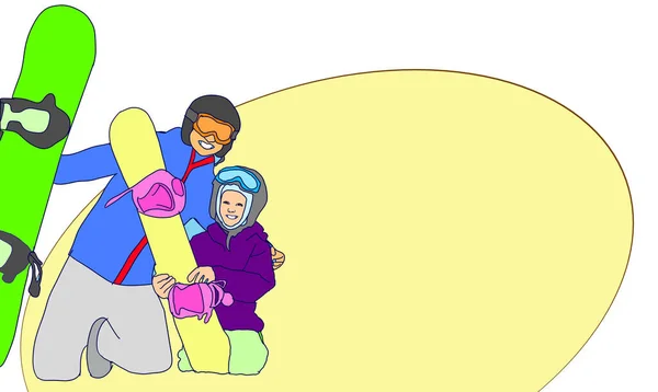 Snow Resort Enjoying And Skiing Family. Father, Mother And Son Child With Snowboard Resting At Snow Resort. Characters Sport Activity On Snowy Mountain Cartoon Illustration.