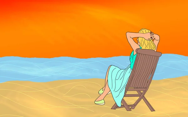 女孩坐在海滩背景图上的躺椅上 — 图库照片