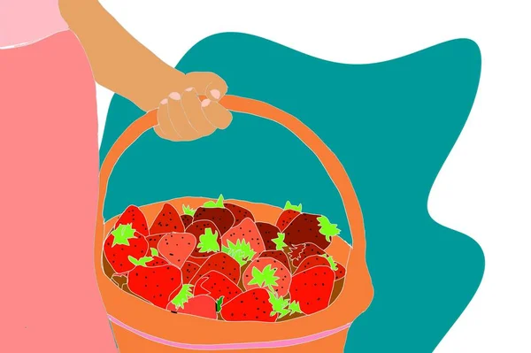 Hand Holding Basket Full Strawberries Illustration Green Background — Stock Photo, Image