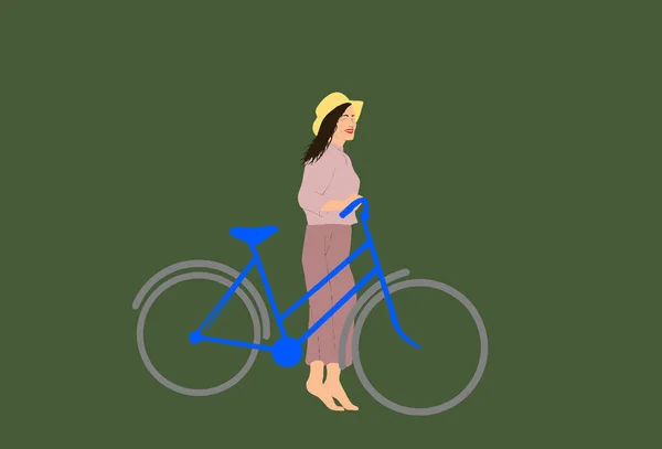 Giovane Donna Bicicletta Con Cesto Fiori Vettore Piatto Isolato Illustrazione — Vettoriale Stock