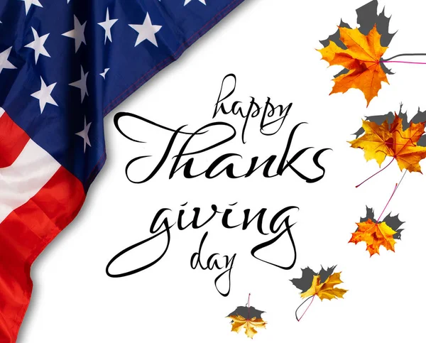 Happy Thanksgiving Usa American Flag Fall Decor Autumn Leaves Banner — Stock Photo, Image