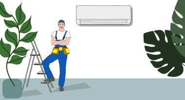 Klimaların onarımı ve bakımı için servis. Düz bir şekilde vektör illüstrasyonu. Vektör illüstrasyonu