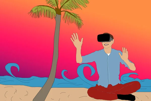 Happy man sitting in office chair on the beach in VR glasses. Cartoon character traveling through palm trees with virtual reality headset