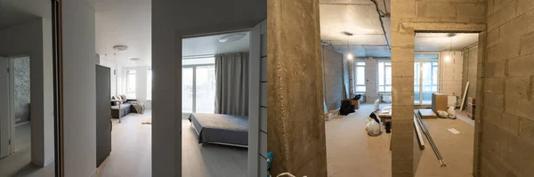 Jämförelse Ett Rum Lägenhet Före Och Efter Renovering Nytt Hus — Stockfoto