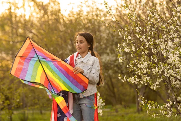 Little Girl Kite Usa Flag — Fotografia de Stock