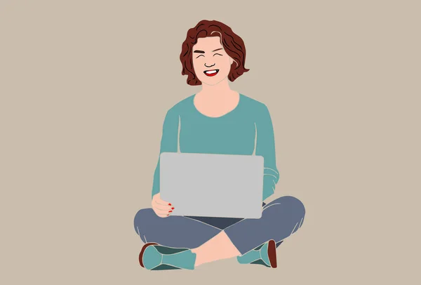 Graden Bilgisayarla Çalışan Bir Kadın Doğada Dizüstü Bilgisayar Kullanmak Vektör — Stok Vektör