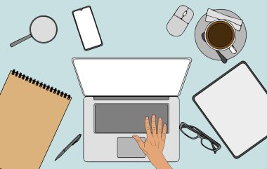 Boş ekran olan bilgisayar dizüstü bilgisayarı çalışan masa başı metin için boş ekran ya da iş yeri çizimi düz çizgi filmi, boş iş yeri ofis modern tasarımı ile bilgisayar ekranı. Vektör 