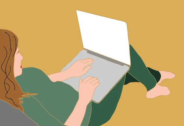 Menina Com Laptop Cadeira Freelance Conceito Estudo Ilustração Bonito Estilo — Vetor de Stock