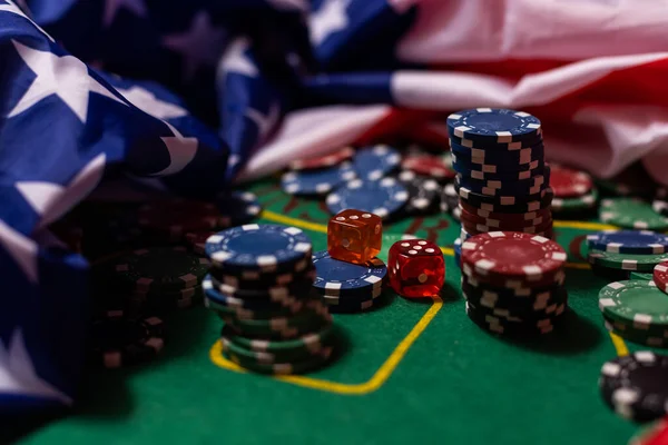 poker chips, usa flag on blackjack table.