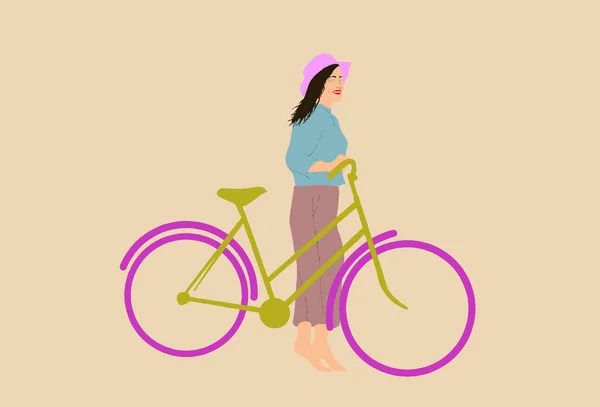 Bir Sepet Çiçekle Bisiklete Binen Genç Bir Kadın Vector Düz — Stok Vektör