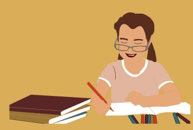 Bilgisayarla çalışan bir çocukla çevrimiçi öğrenme şablonu. Düz bir şekilde vektör illüstrasyonu. Vektör illüstrasyonu