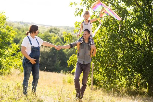 Familia Feliz Con Esposa Embarazada Volar Una Cometa Juntos Campo — Foto de Stock