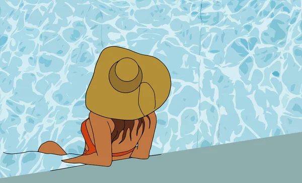 スイミングプールの膨脹可能なマットレスの上からの眺めで女性の日光浴 フラットスタイルのベクトルイラスト ベクターイラスト — ストックベクタ