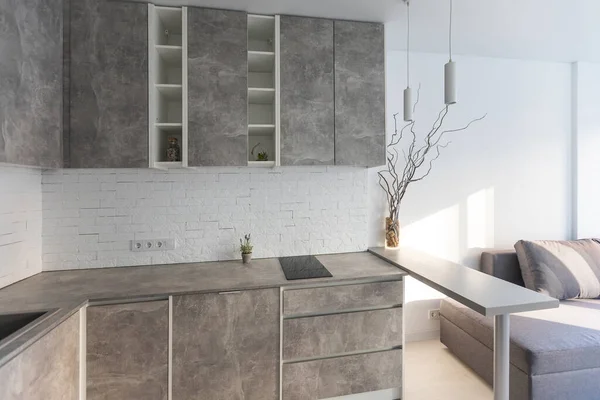 Modern Minimalistic Dark Gray Loft Style Studio Apartment Interior Design — Fotografia de Stock