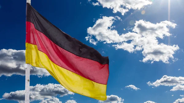 Official Flag Germany Waving Blue Sky Background Horizontal Banner Design — стоковое фото