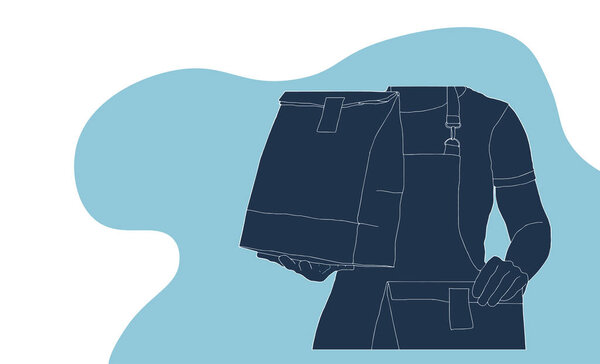 Grocery express delivery boy holding paper package with vegetables. Vector flat illustration. Courier wearing a mask and gloves in a red T-shirt and uniform cap. Vector illustration