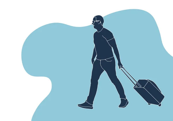 背景に荷物を背負った若い男性旅行者 旅のコンセプト フラット漫画スタイルのベクトルイラスト ベクターイラスト — ストックベクタ