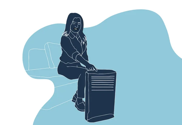 Femme Assise Près Purificateur Air Appareil Hydratant Près Canapé Santé — Image vectorielle