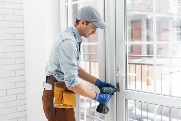 Handsome Young Man Installing Bay Window New House Construction Site — Stock Photo, Image