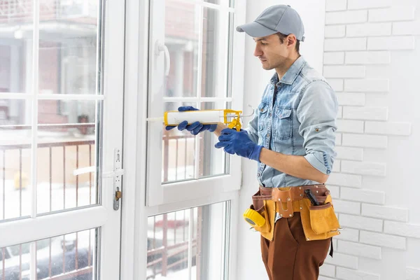 Worker Installing Checking Window House — Stock Photo, Image